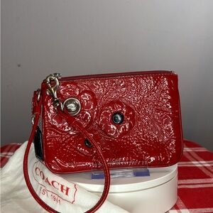 Coach Poppy Red Patent Leather Wristlet with Dusty